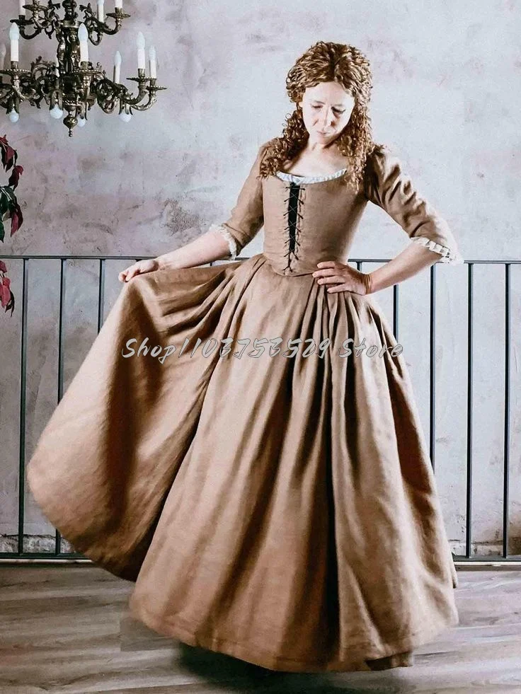 Brown prom dress with lace corset, pleated tiered gothic design